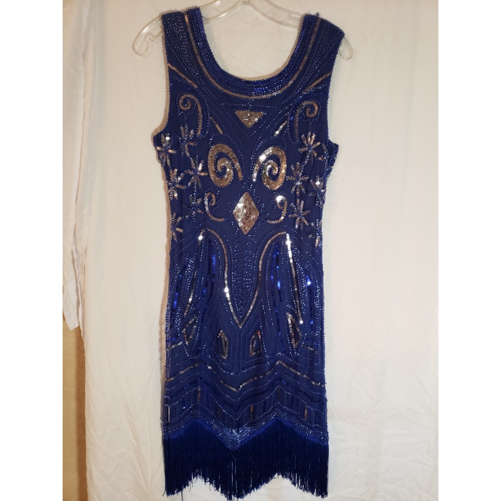 Women's Blue Sequined Fringed Sleeveless Dress Size M
